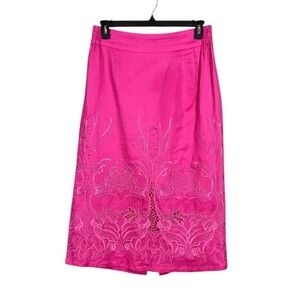 Women Linen Pink Skirt Size Large Coastal Beachy Minimalist Coquette Embroidered
